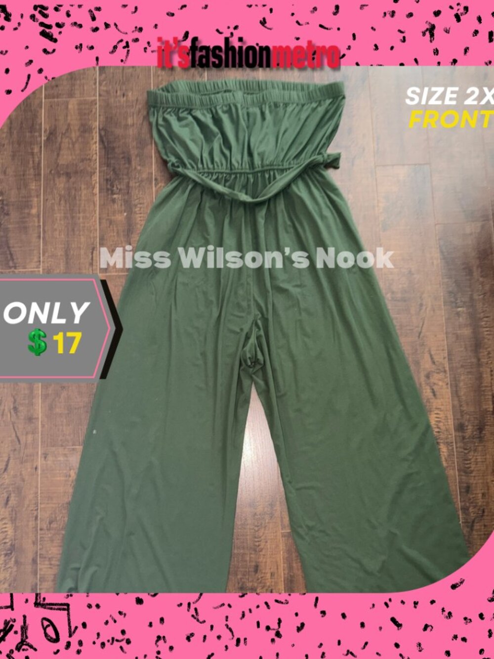 It’s Fashion Metro Strapless Jumpsuit Wide Leg Belted Olive Green Women’s 2X